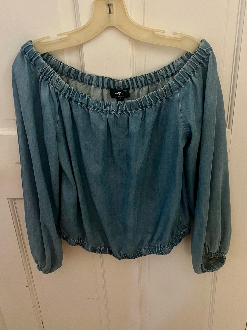 7 For All Mankind Light Blue Off-Shoulder Denim Top